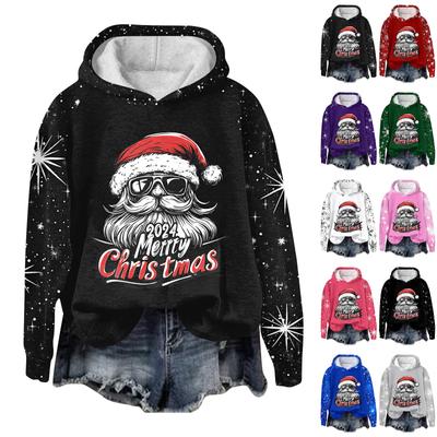 Women's Fashion Casual Pullover Plug Sleeve Christmas Printed Hooded Sweatshirt