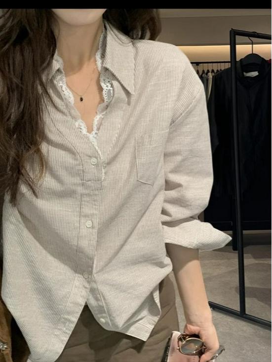 Korean Style V-Neck Lace Patchwork Blouse for Women - Autumn Edition
