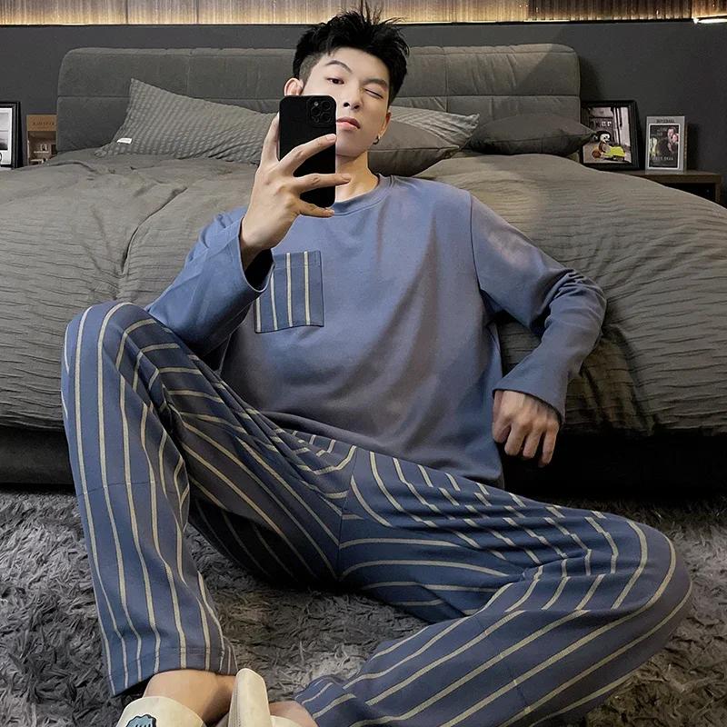 Baumwolle Herren Pullover Nachtwäsche Herbst Frühling Langarm Nachtwäsche 2 Stück Pyjamas Set Männlich