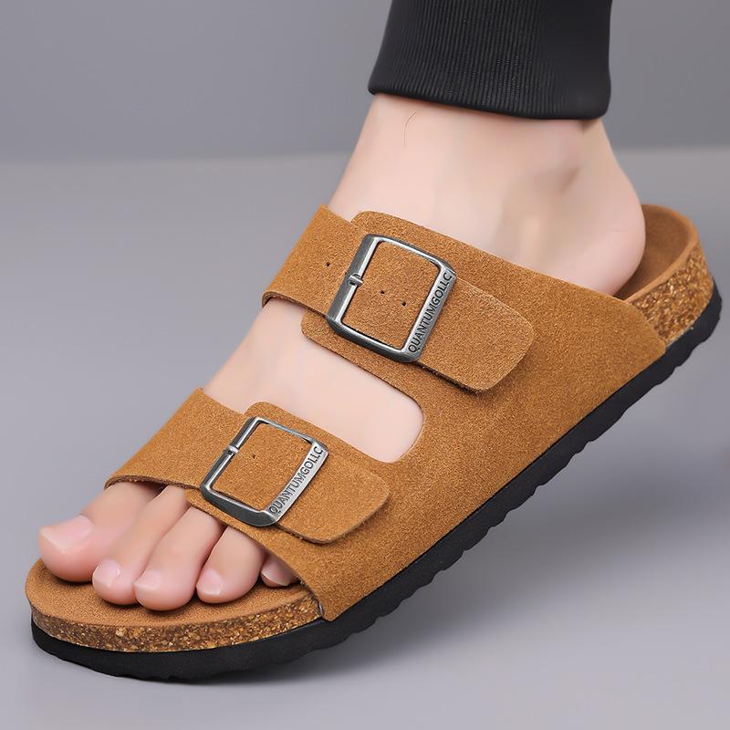 Fashion New Designer Cow Suede Slippers for Men Summer Double Buckle Retro Slipper Shoes Male Solid Color Fashion Casual Flip Flops Man