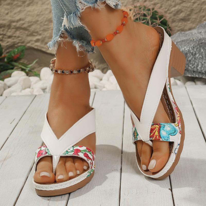 One-word Sandals Large Size Summer Thick Heel One-word Belt Fashion Printing High-heeled Sandals Women