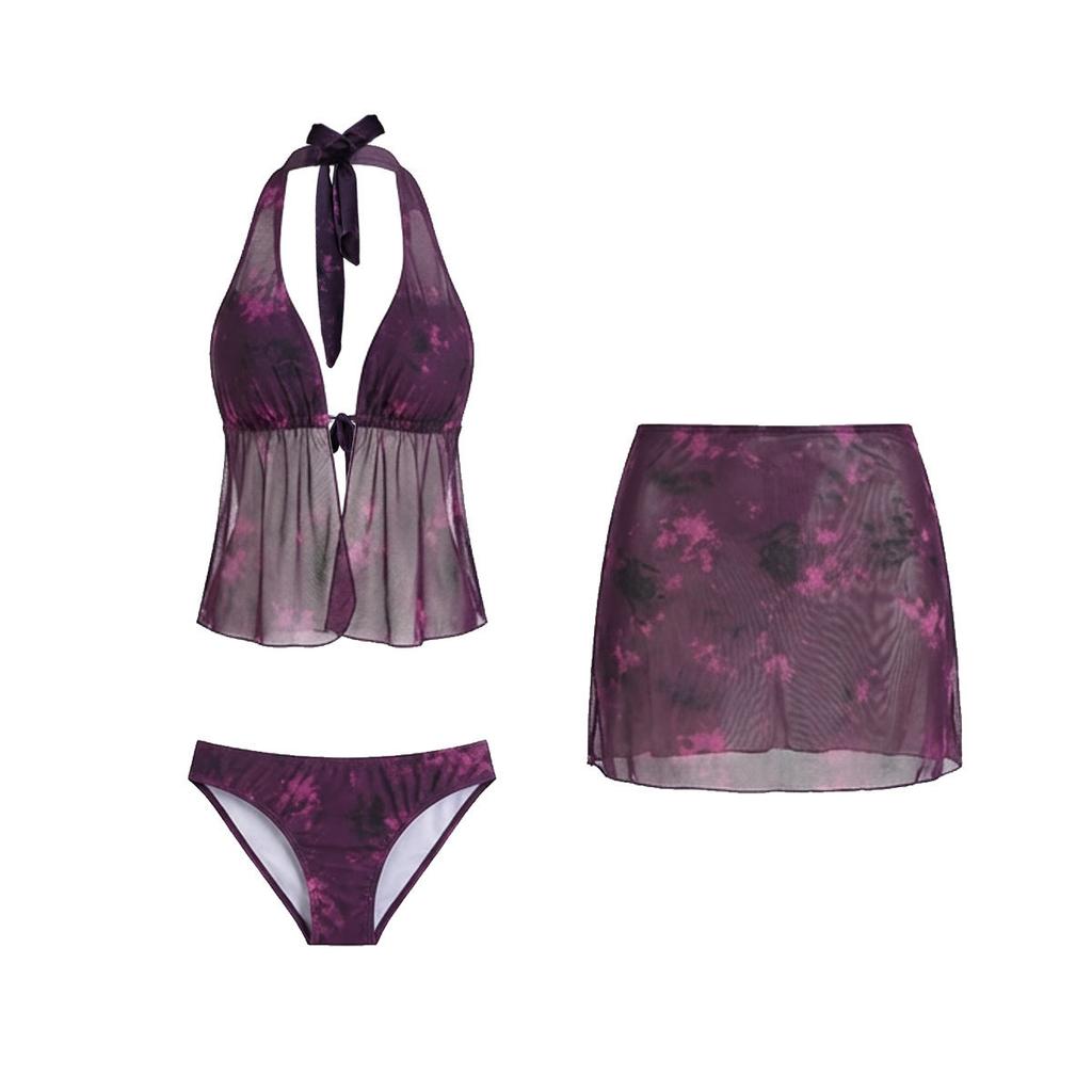 Purple Smudge Neck Swimsuit Women's Seaside Vacation Sexy Mesh Split Bikini Slim Cover Meat Beach Swimsuit