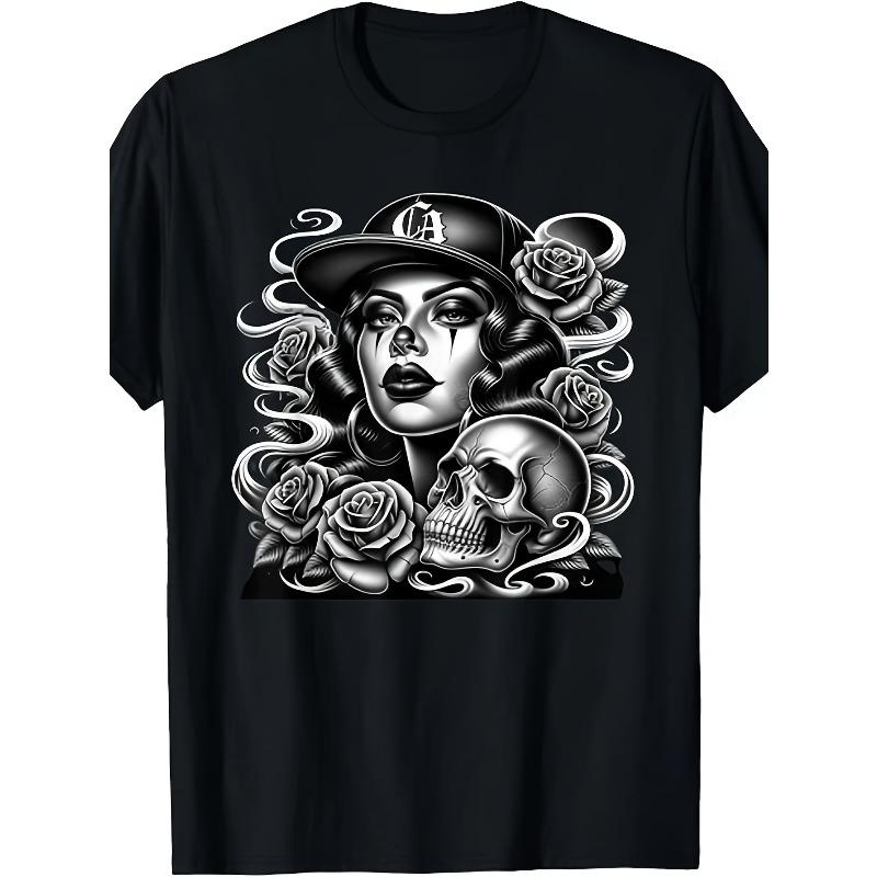 Европейские размеры Мексиканская уличная культура Лоурайдер Красивая латиноамериканка Футболка Тот же стиль для мужчин и летняя футболка с принтом 2025 года, Повседневная одежда S