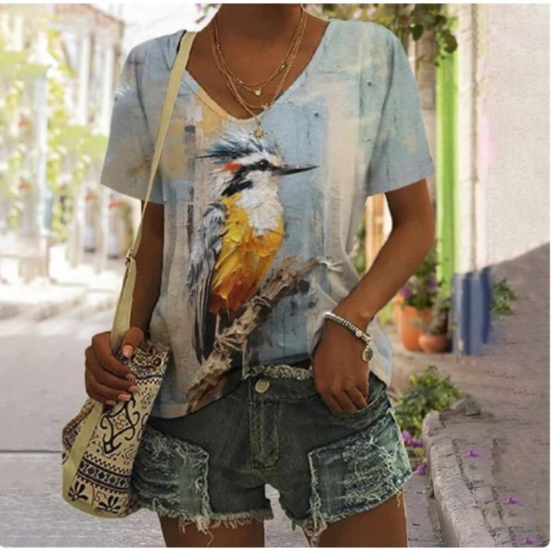 Summer V-neck 3D Animal Flower Printed Top Fashionable Casual Short Sleeved Women's T-shirts