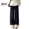 Casual Trousers Women Cotton Pants Elastic High Waist Solid Color Wide Leg Work Causal with Pockets Thickened Plush Lining Winter