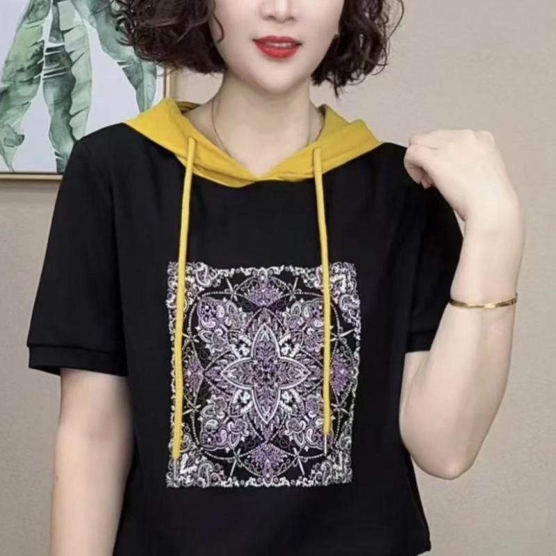 Women's Hooded Short Sleeve Loose Fit Top Casual Colorblock Summer T-Shirt