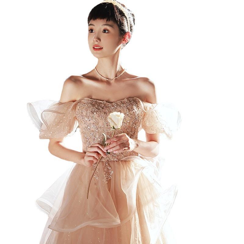 Pink Evening Dress 1011 New Celebrity Temperament Super Fairy Engagement French Shoulder Dress Fairy Bridesmaid Dress Woman