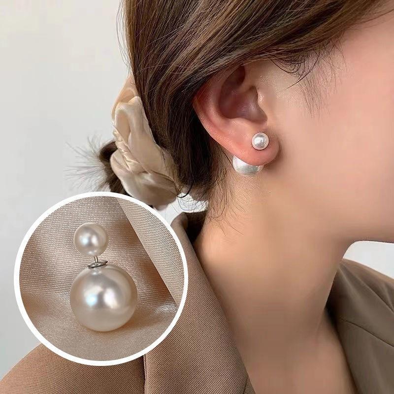Women's Double-Sided Pearl Stud Earrings, Reversible 2-in-1 Size Pearl Trendy Versatile Everyday Jewelry