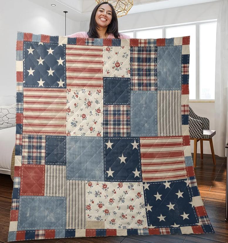 Patriotic Quilt Blanket Americana Faux Patchwork Throw with Stars Stripes Floral Plaid Print Blanket