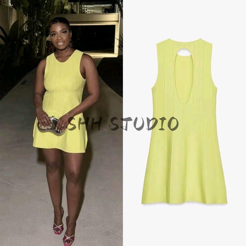 Summer New Product Women's Clothes Sexy Style Open Back Round Neck Sleeveless A- Line Wide Hem Knitting Short Sling Dress