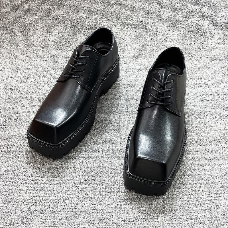 Korean version of teenagers square head small leather shoes men's platform heightening trend versatile casual shoes men's derby shoes wedding shoes