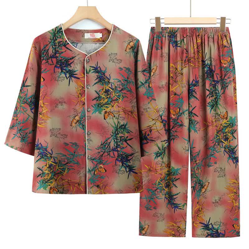 Elderly Women's Floral Print Summer Cardigan Set
