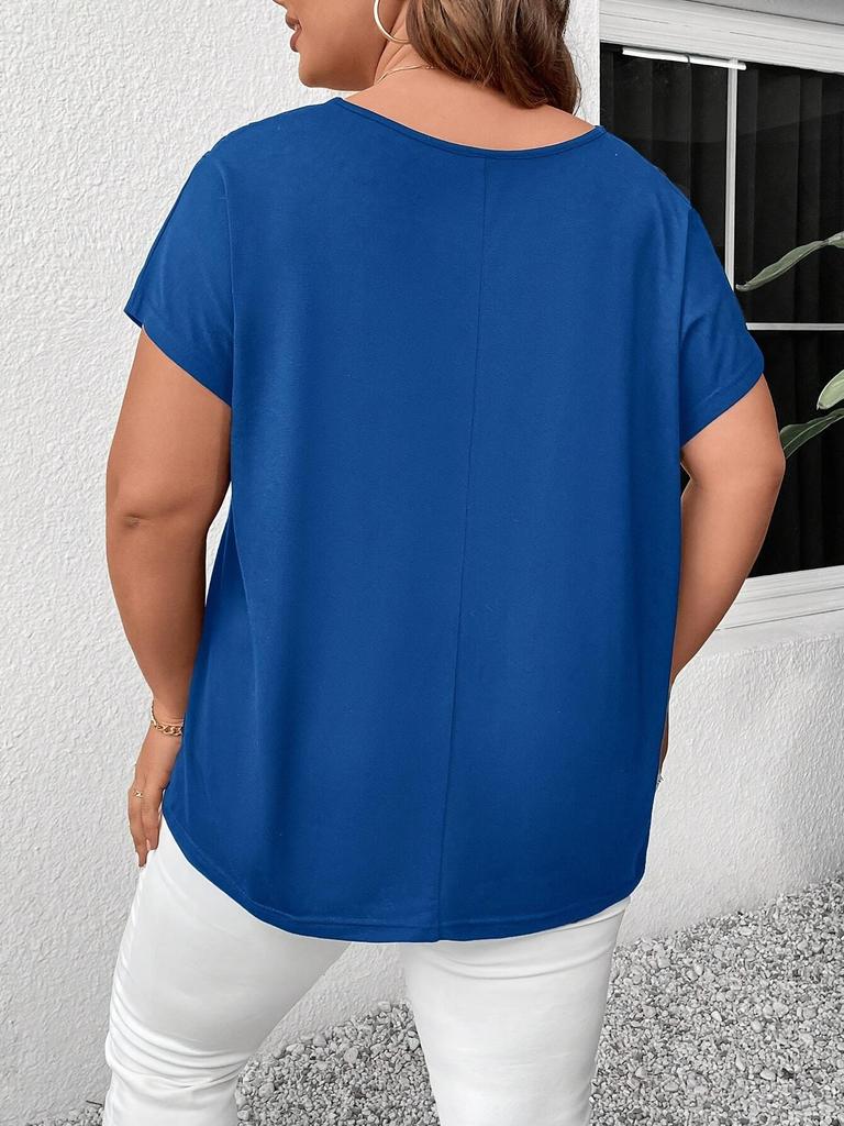 2026 Plus Size V-Neck Cross Strap Hollow Short Sleeve Women's T-shirt