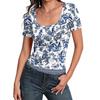 Women Slim Fit Square Neck Short Sleeve Top Vintage Floral Print Stretchy Ribbed Fabric Casual Summer Shirt