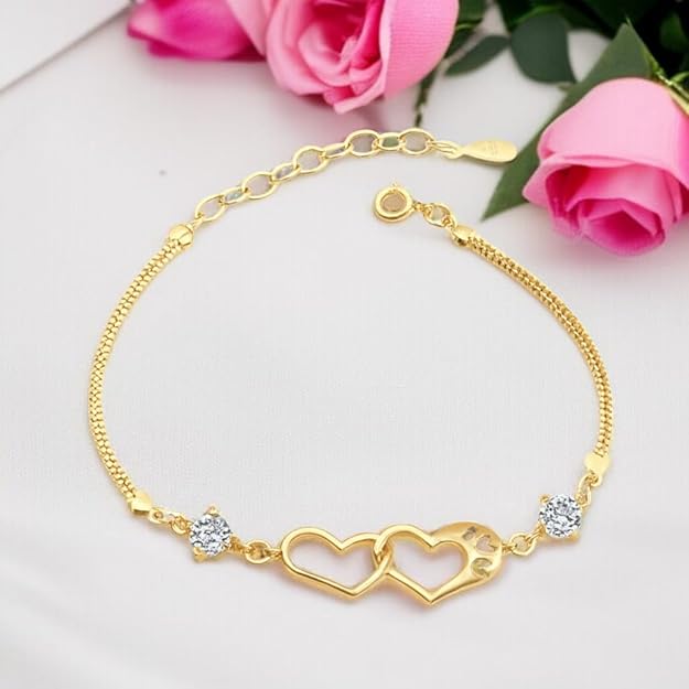 Double Heart Shape Cubic Zirconia Charm Bracelet, Love Bracelet for Women and Girls, Valentine's Day Gift