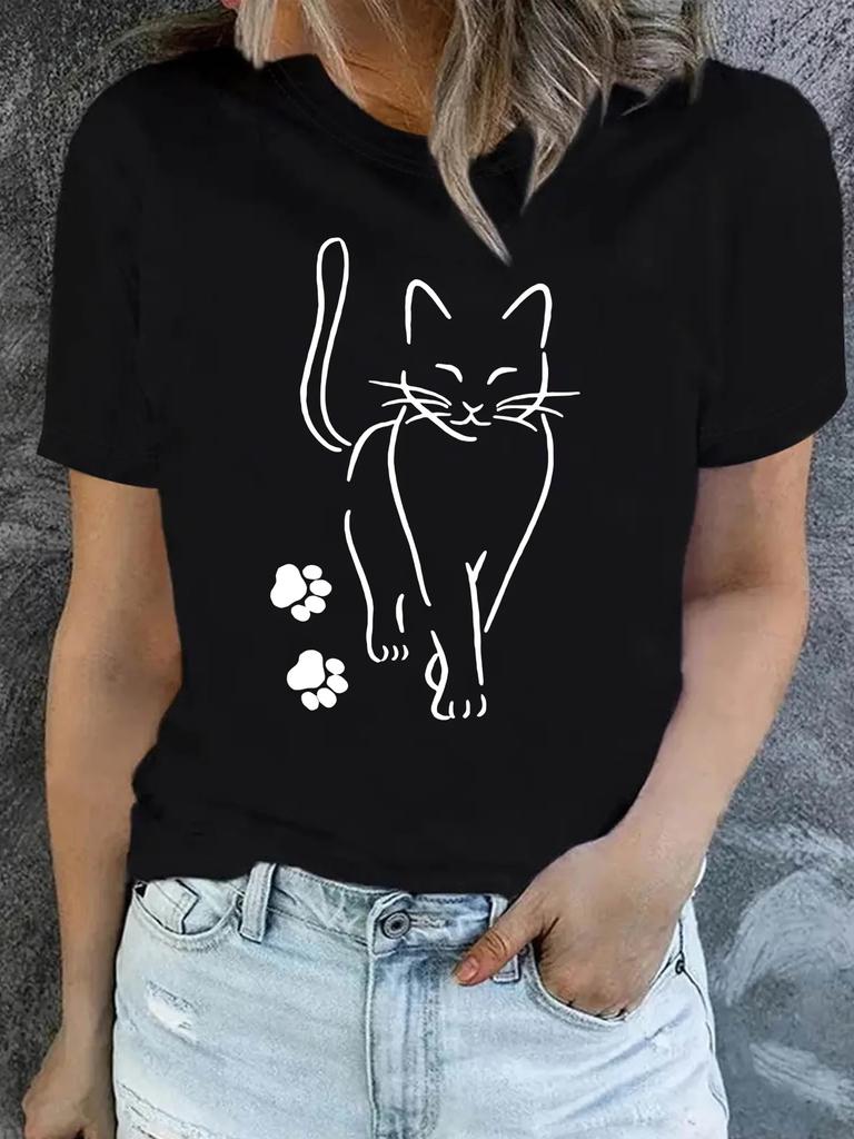 Womens Cat Printed Round Neck Loose Tshirt with Simple Lines Cat Plus Size Comfortable and Casual Black Short Sleeved Top