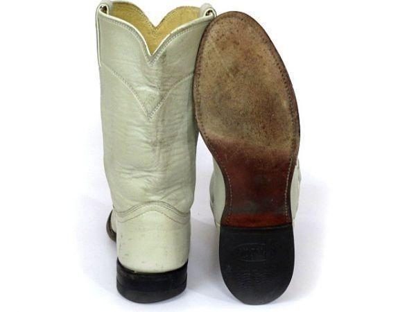 Vintage USA Justin Western Pecos Boots 7B 23.5-24.0 Off White All Leather(USED)