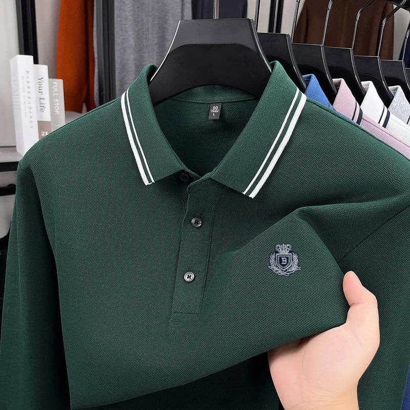 Cotton High-End Brand Men's Polo Shirt Lapel Long Sleeve T-Shirt Autumn Arrival Badge Print Soft Business Office Menswear