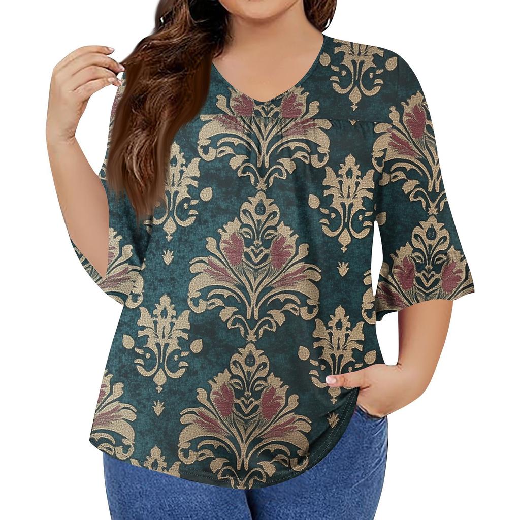 Women's Fashion Casual Retro Printed V-Neck Seven-Point Sleeve Ruffle Sleeve T-Shirt Tops Plus Size Women's