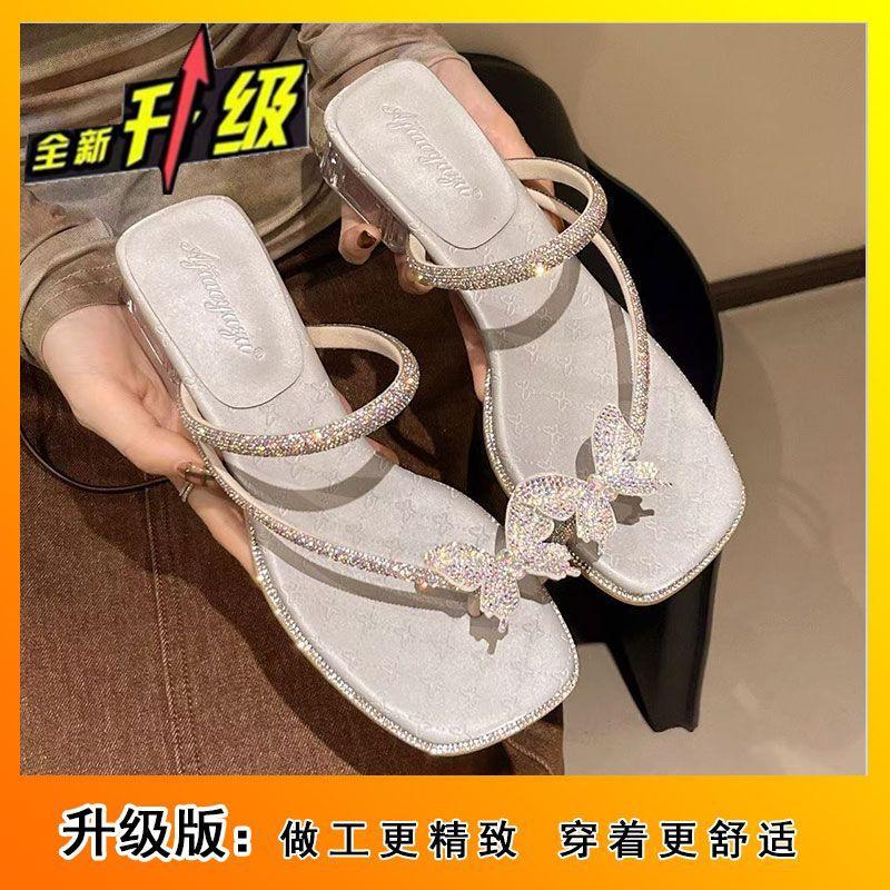 With skirt rhinestone one-word sandals 2025 new summer outer wear cover toe middle heel slippers women's butterfly thick heel sandals