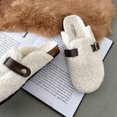 Moda Luxo Designer Lã de Cordeiro Inverno Algodão Sapatos Mulheres Chinelos Quentes Pelúcia Cacheada Lã de Ovelha Flats Fivela Cinto Mules Mocasins Mujer