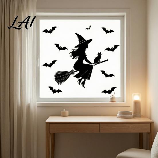 PVC Static Cling Decals Halloween Witch Black Cat Window Stickers Waterproof Silhouette Decals Dark Style Holiday Decoration Removable Wall