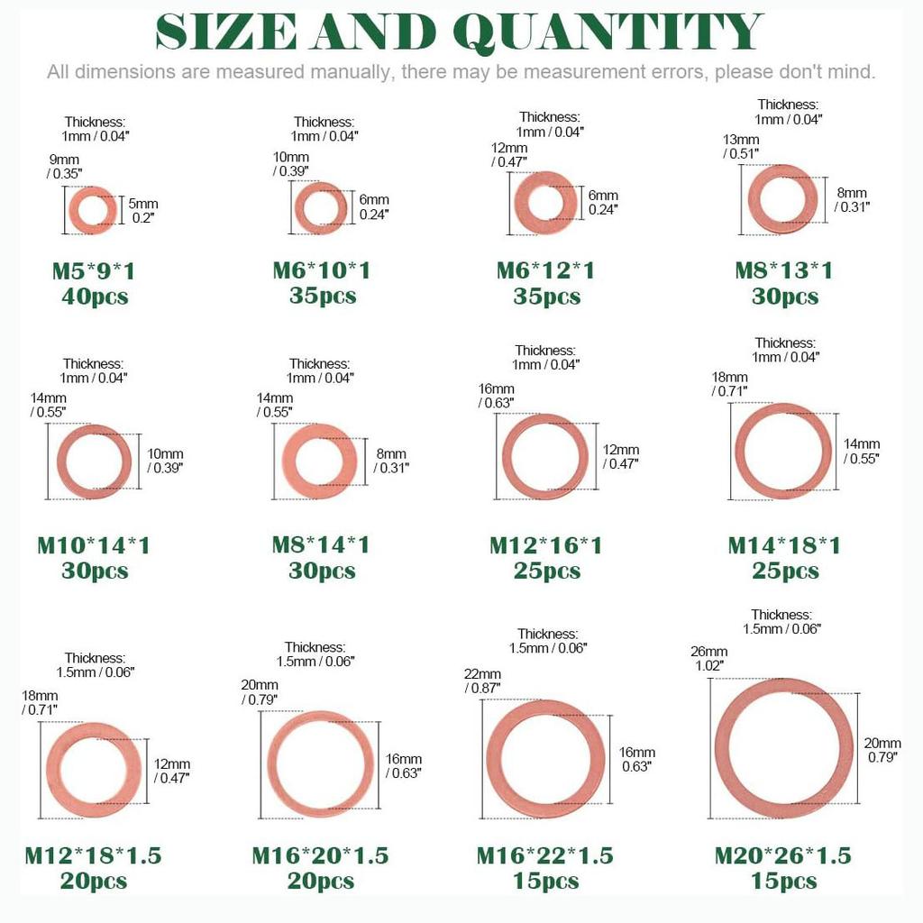 320Pcs Red Copper Flat Gasket Set M5-M20 Red Copper Sealing Flat Gasket O-type Gasket Pure Copper Flat Gasket Box
