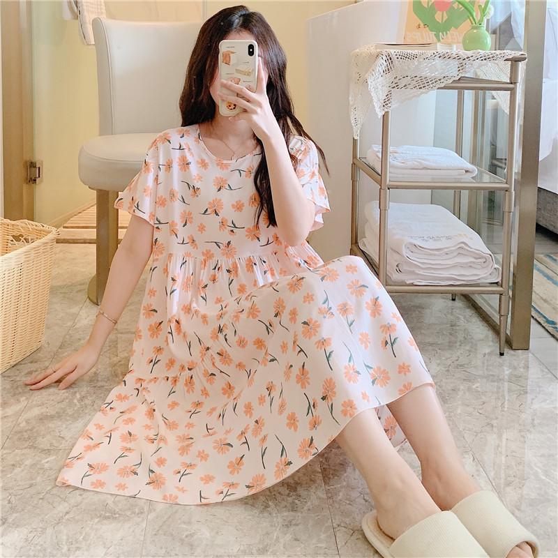 Cotton and Silk Nightgown Women's Summer Short-sleeved Large-size High-end Printed Maternity Pajamas Can Be Worn Outside Long Loungewear