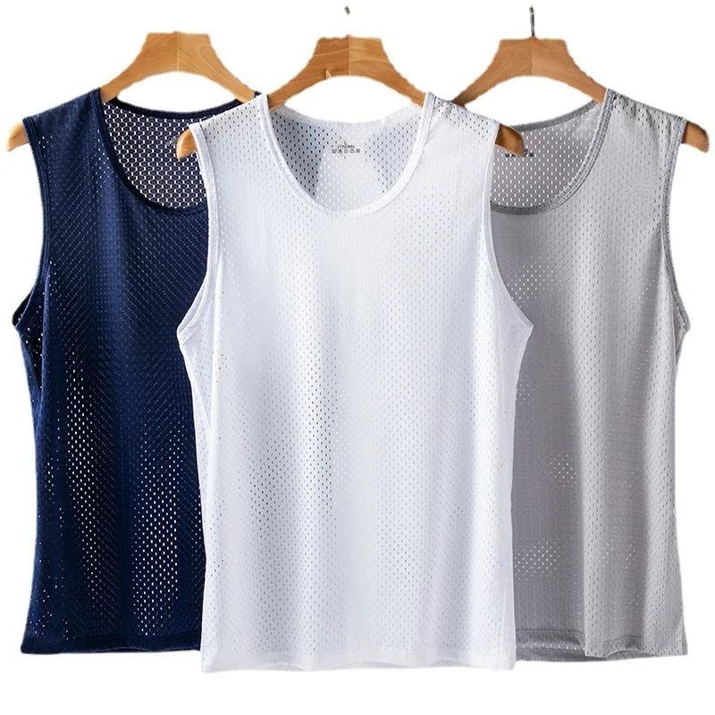 Men's Ice Silk Mesh Tank Man Stringer Transparent Bodybuilding Sleeveless Shirt Fitness Vest Singlets