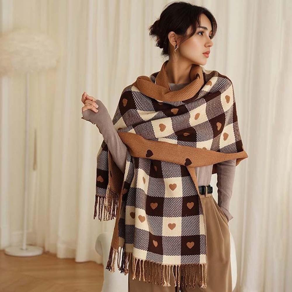 Long Heart Thickened Scarf Acrylic Fibers Tassel Shawl Large Plaid Knitted Scarf Autumn