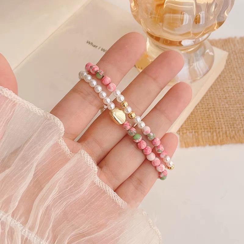 

New Chinese Style Pink Pearl Rain Flower Stone Bracelet with Gold Beads - Love & Luck Attracting Hand Jewelry