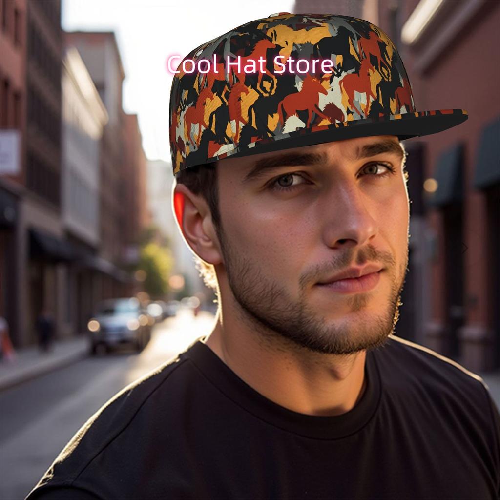 Baseball Cap With Horse Design, Suitable For Men, Women, And Unisex. This Flat-Brimmed Snapback Trucker Hat Is Perfect For Hip H