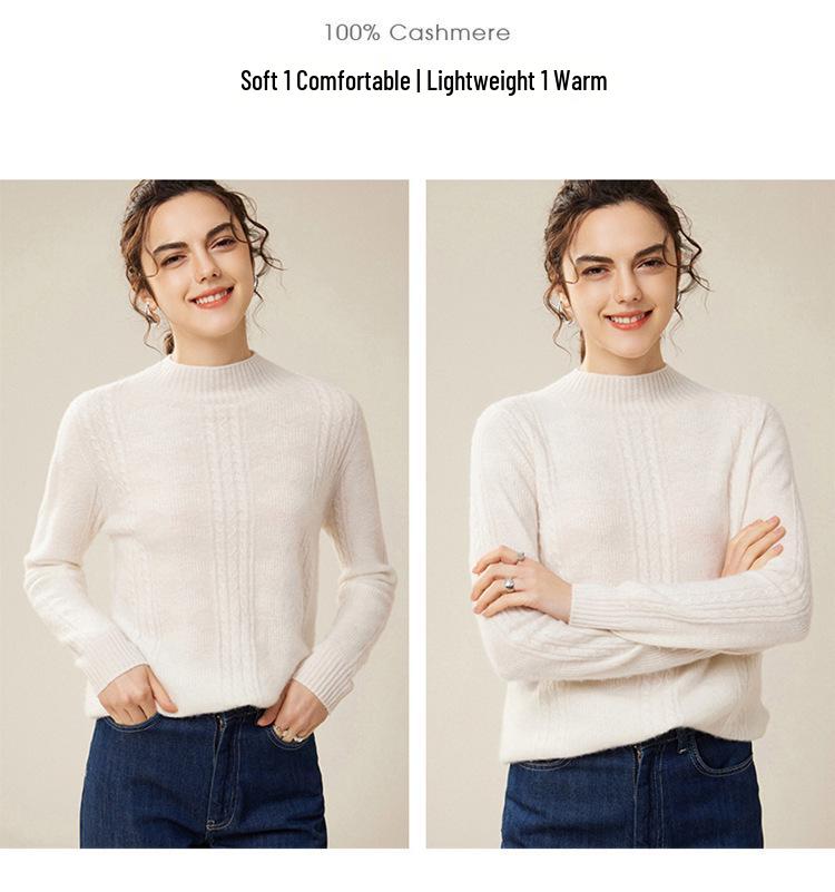 Women's 100% Pure Cashmere Sweater - New Autumn/Winter High-Neck Cable Knit Base Layer