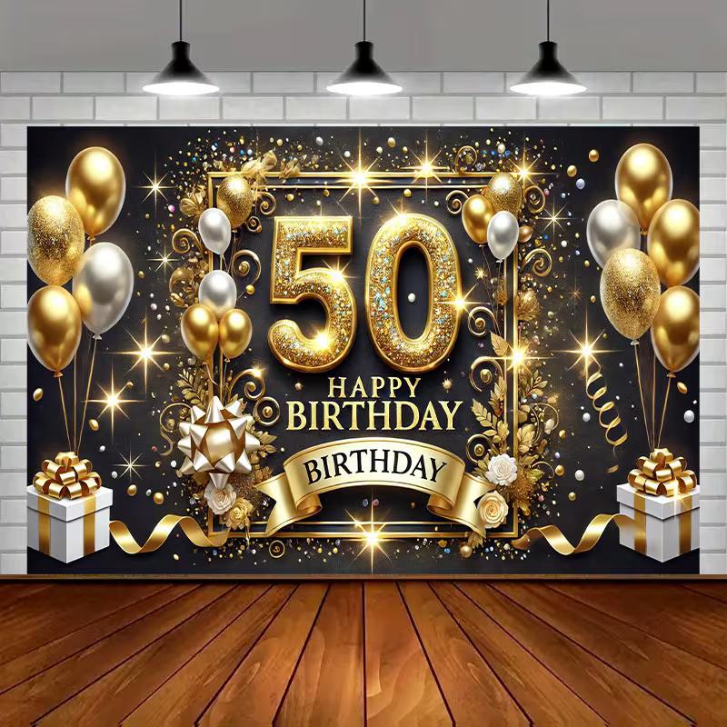 2D Black Gold 50th Birthday Backdrop 50 Years Old Party Decoration Banner 47.2x31.5inch/120*80cm
