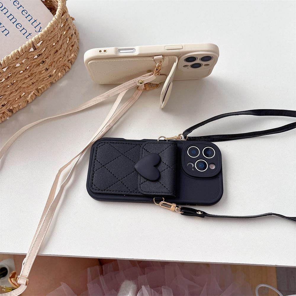3D Cute Love Heart Crossbody Lanyard Necklace Strap Card Holder Phone Case for IPhone 17 16 15 14 Plus 13 12 11 Pro Max X XR Cover