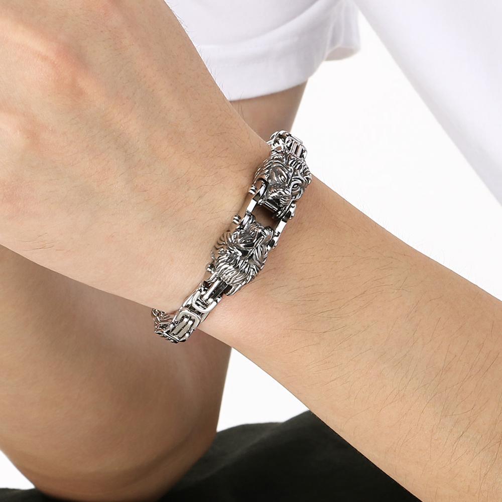 Cool 7MM Wide Men's Lion Head Link Chain Bracelet Vintage Blackened 316l Stainless Steel Bracelets Gothic Biker Jewelry for Men