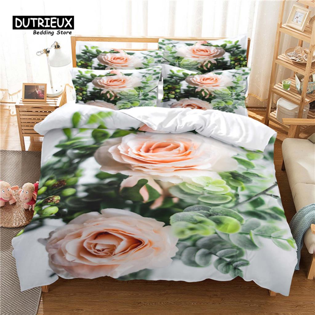 Beautiful Flower Bedding Set, 3Pc Flower Duvet Cover Set, Soft Comfortable Breathable Duvet Cover, For Bedroom Guest Room Decor