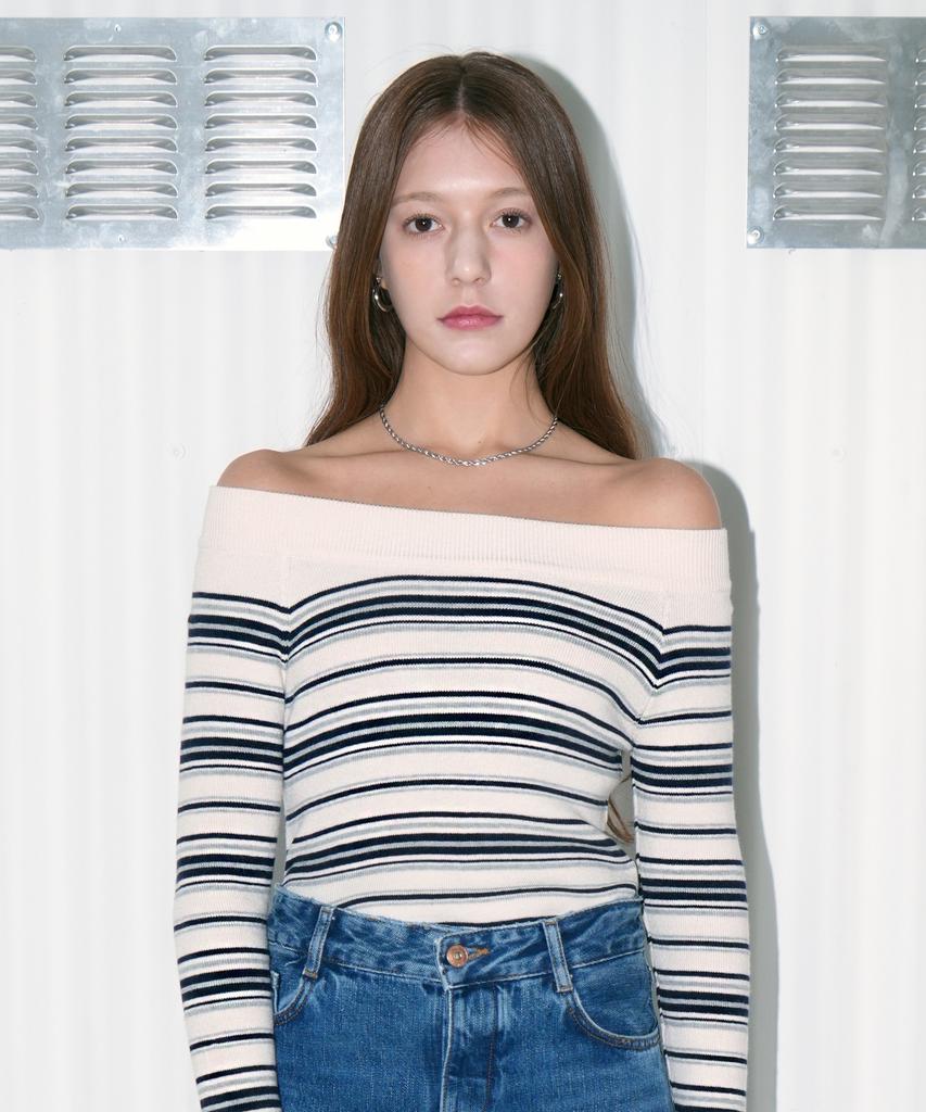 VLETI Striped Ribbed Off-Shoulder Knit (Cream)