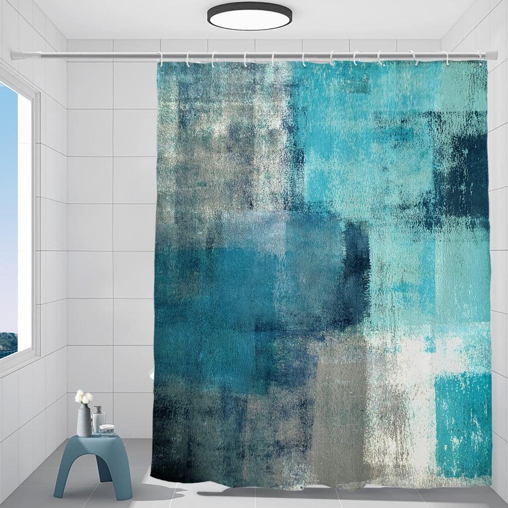 Cyan Abstract Shower Curtain for Modern Bathrooms, Moisture-Proof & No-Drill Installation