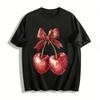 Glitter Bow Heart Cherry Print Casual T-shirt Women's Spring Summer Loose Fit Age-reducing Top Pure Cotton T-shirt