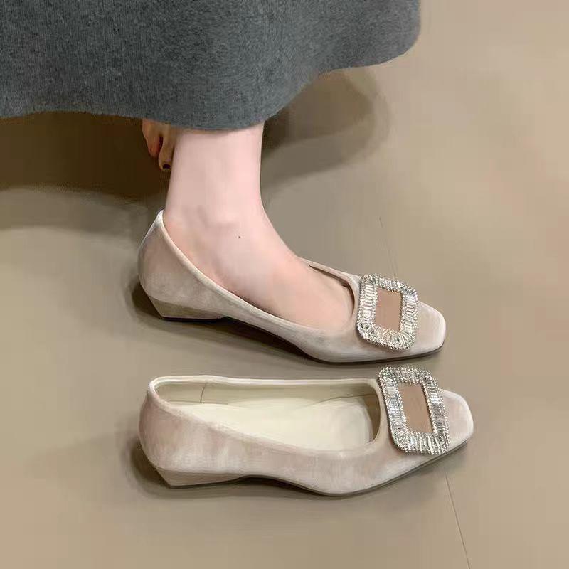 Square buckle rhinestone thick heel one pedal single shoes women's spring and autumn new commuter suede square head wedge heel women's shoes