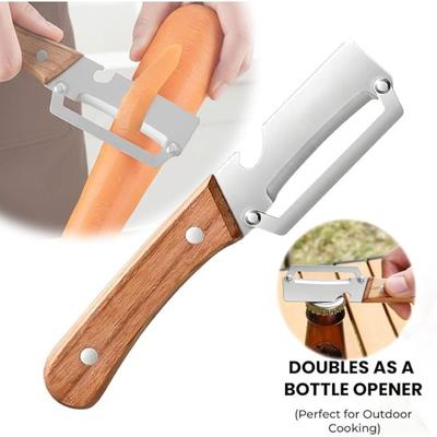 Multifunctional Vegetable Peeler with Wooden Handle and Bottle Opener, 2-in-1 Stainless Steel Blade, Camping, Apple Potato Pumpkin Papaya Peeling