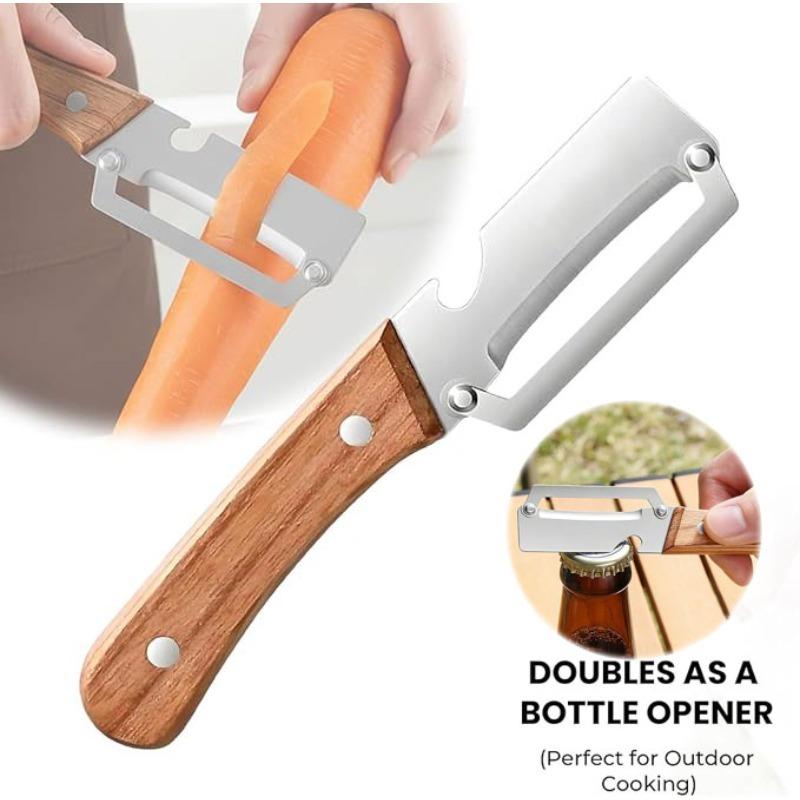 Multifunctional Vegetable Peeler with Wooden Handle and Bottle Opener, 2-in-1 Stainless Steel Blade, Camping, Apple Potato Pumpkin Papaya Peeling