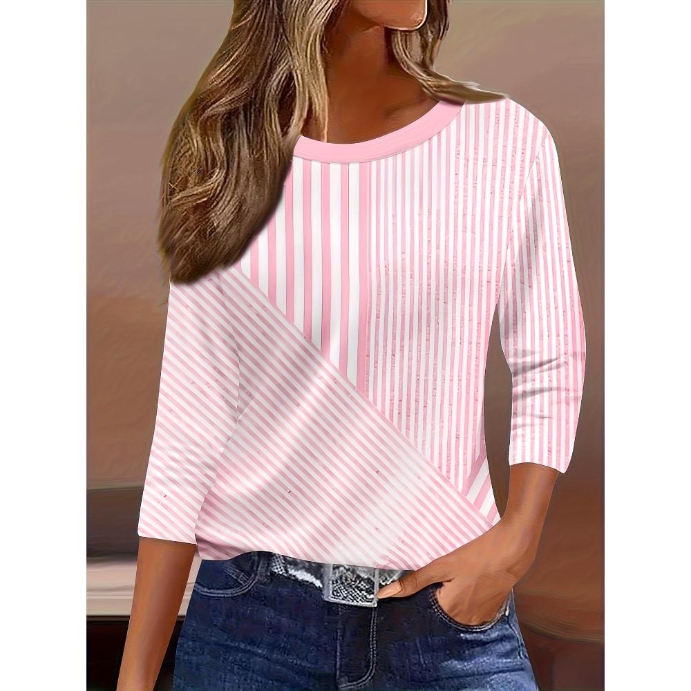 

Ladies Casual Round Neck T-shirt with Spring, Summer, Autumn Striped Printed Top XL