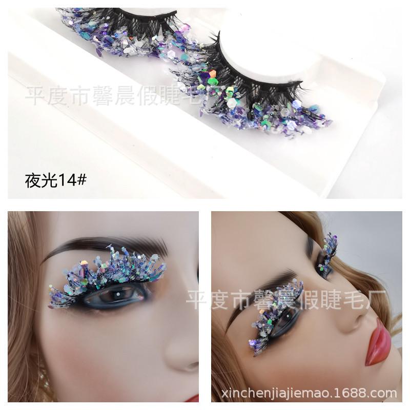 Fluoreszierende leuchtende Pailletten Wimpern Farbe leuchtende dichte Chemiefaserwimpern Fabrik Großhandel Grenzüberschreitende künstliche Wimpern