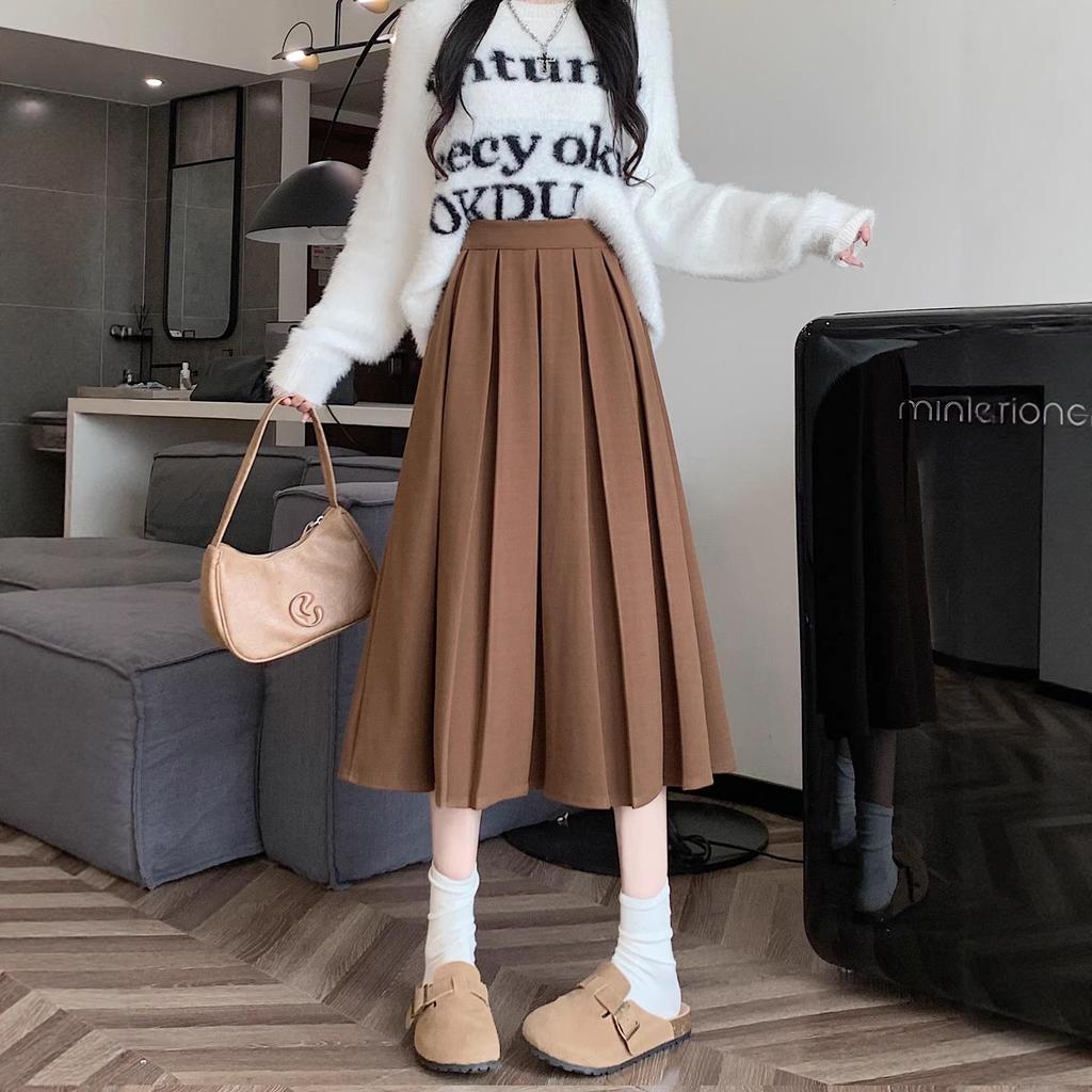 Plus Size Women's Woolen Pleated A-Line Midi Skirt, Age-Reducing Chic Design, Solid Color.