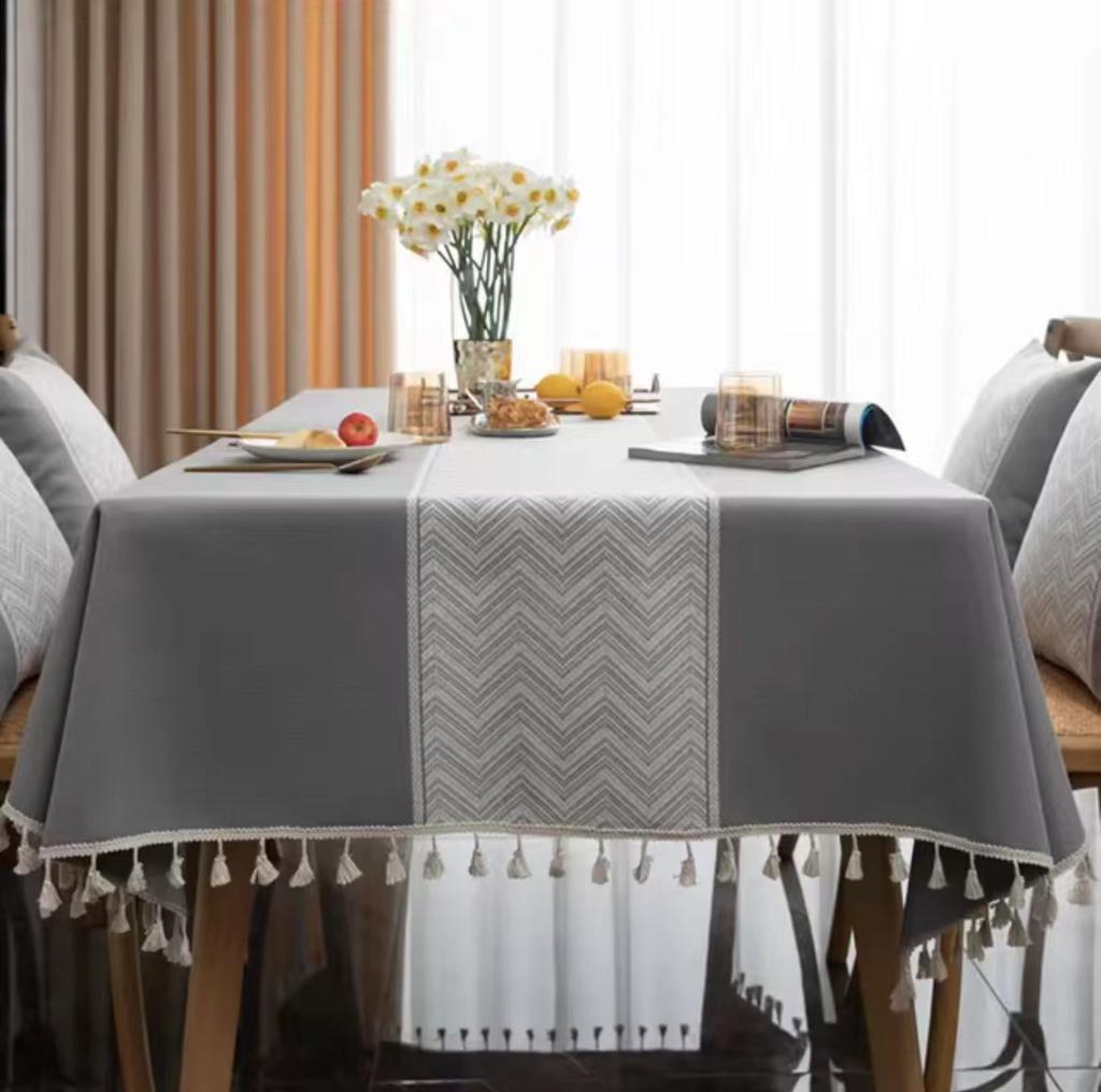Christmas Light Luxury Ins Style Amazon Table Cloth Decoration Cotton And Linen Simple Solid Color Striped Tassel