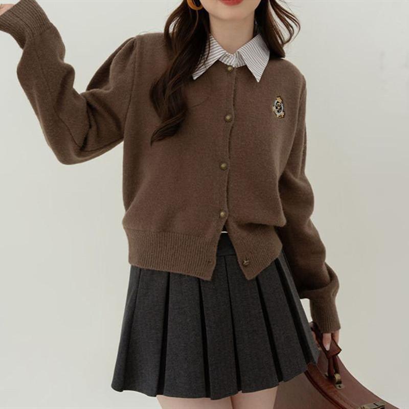 

Короткий джемпер с длинными рукавами, женский свитер-кардиган на весну и осень в стиле колледжа, вязаный свитер из двух частей с накладным узором One Size темно-коричневого