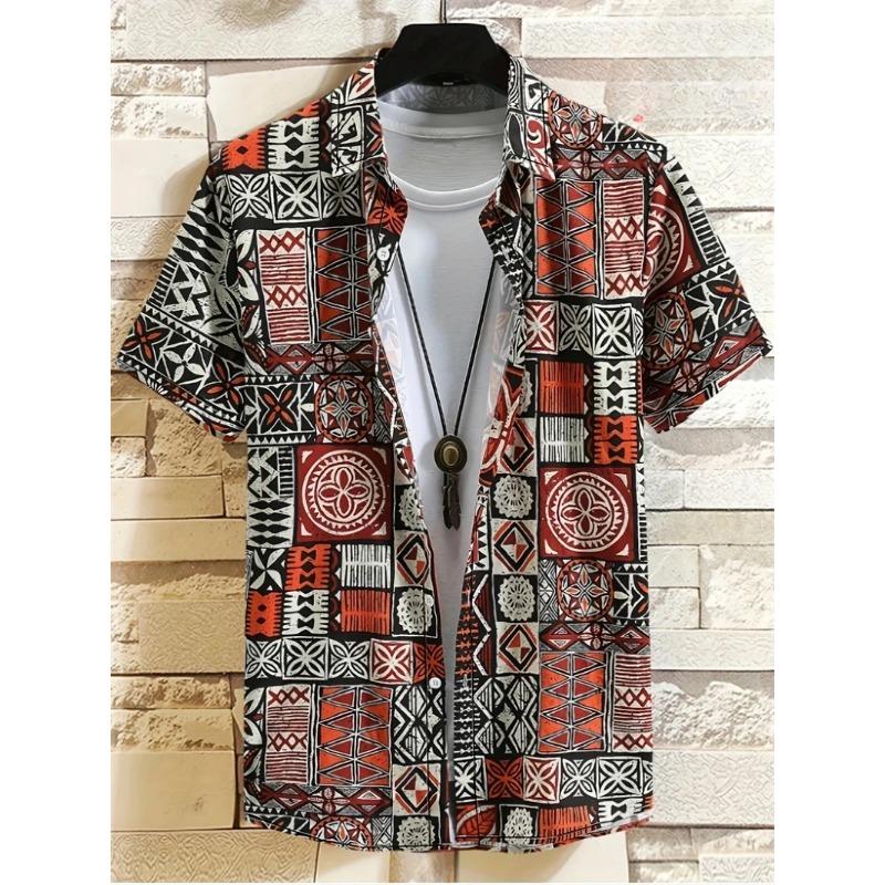 Camisas Havaianas para Homens T-shirt Casual de Manga Curta com Estampa Paisley 3D Gola Lapela Botões Tops Masculinos Verão Oversized Boêmio Camisetas Masculinas
