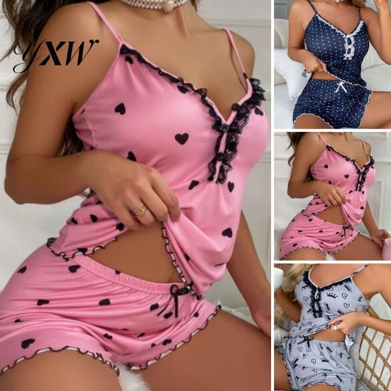 Loungewear 2Pcs/Set V-Neck Buttons Decor Pajama Set Lace Stitching Sheer Trim Elastic Nightwear Waistband Women Dot Print Sling Vest Wide Leg